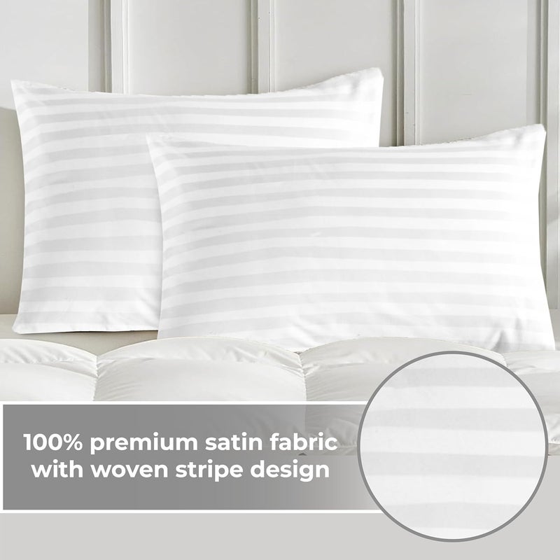 القيلولة زين طقم غطاء وسادة سيستا زين من القطن بنسبة 100%، بجودة فندقية فاخرة، مصنوع من الساتان - مخطط من الساتان بعرض 2 سم، فائق النعومة، يسمح بمرور الهواء ومضاد للحساسية (أبيض، زوج غطاء وسادة H.W) - Image 3